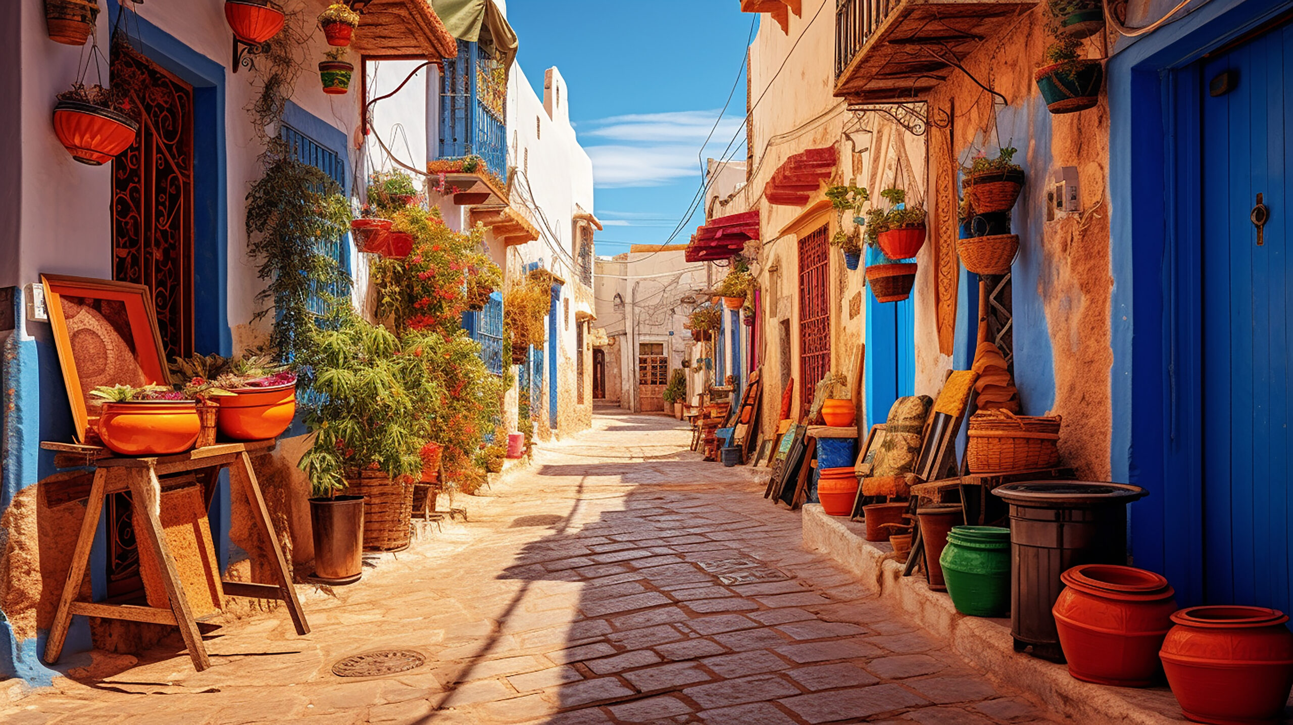 colorful street of essaouira old medina morocco